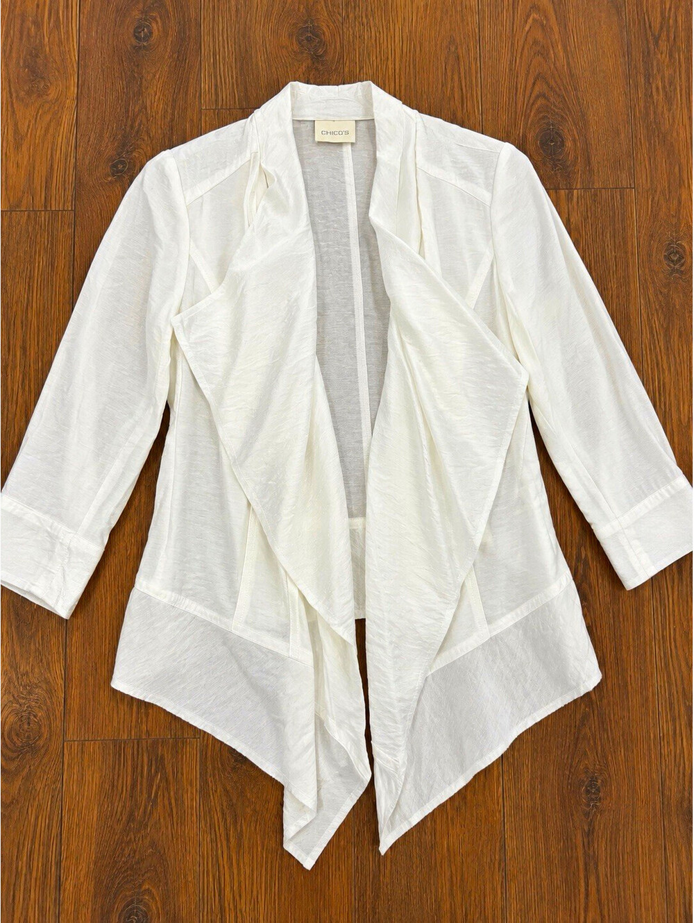 Chico's Women’s 0 White Open Front Jacket Sheer Lightweight Collared 3/4